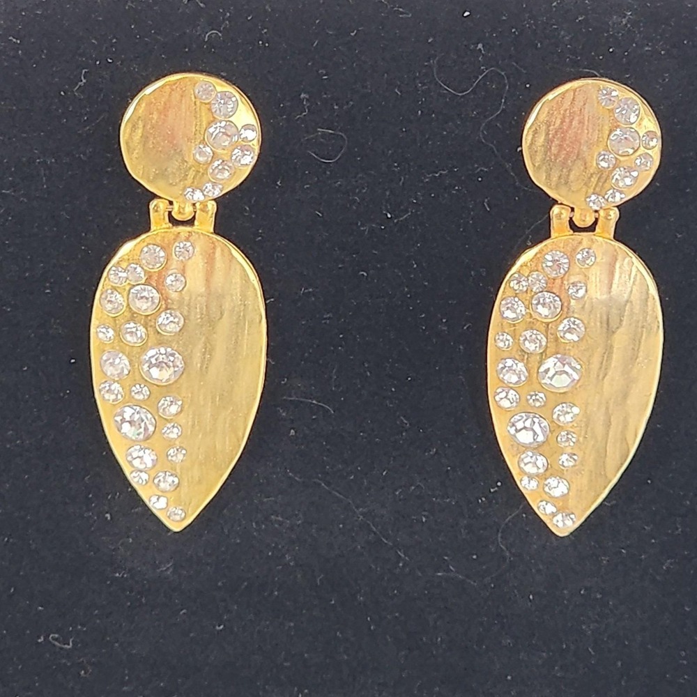 Gold Tone Pierced Earrings Dangle Long Door‎ Knocker Statement Chunky Rhinestone